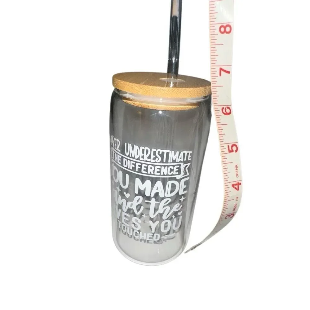 *NEW* Can shaped glasswear w/ wood lid glass straw Motivational Thanks